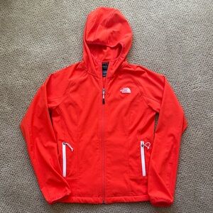 The North Face Red Hooded lightweight Jacket with White Zippers